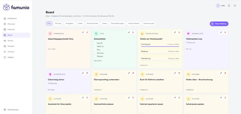 Famunio Board mit Listen, Aufgaben, Umfragen und Wunschlisten