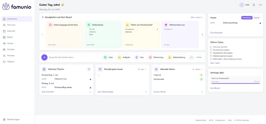 Famunio Dashboard mit Board, Kalender, Rezepte, Stundenplan und Noten