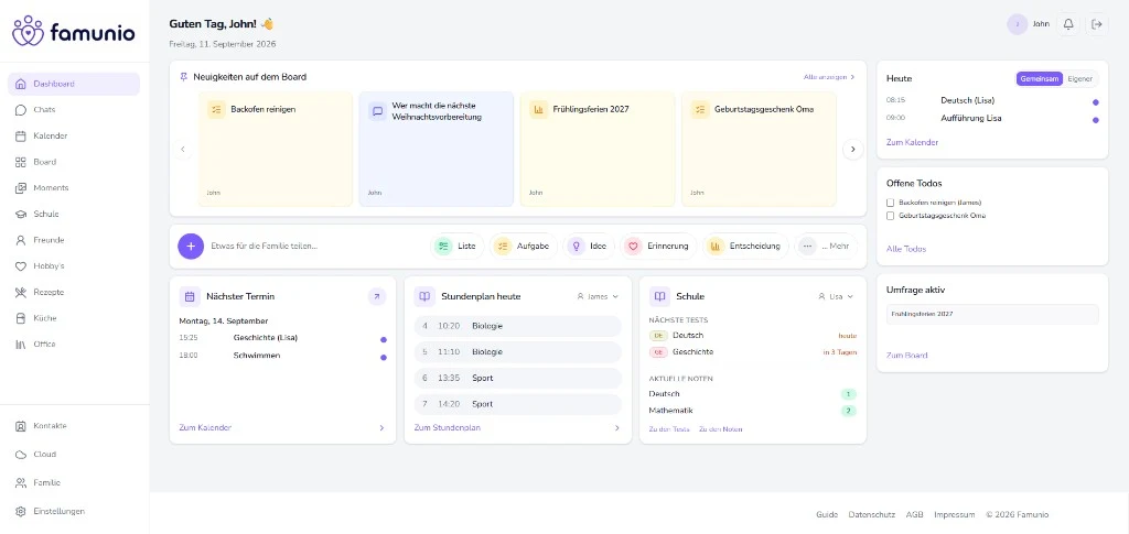 Famunio dashboard with board news, calendar, school and today