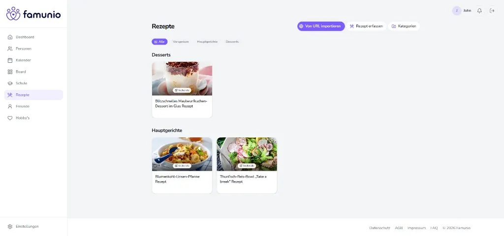 Famunio Rezepte mit Kategorien und Rezeptkarten